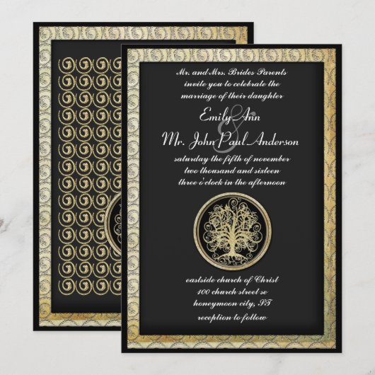 Gold Metallic Swirl Tree Gold Border Wedding Kaart (Voorkant / Achterkant)