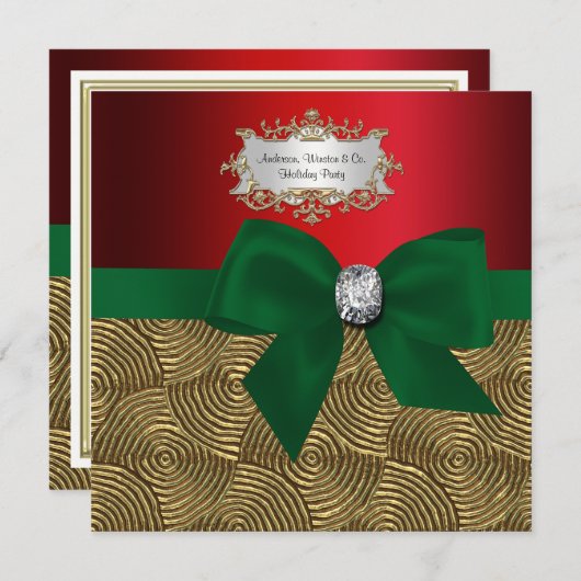 Gold Metallic Swirls, Bow Ribbon Xmas Party Kaart (Voorkant / Achterkant)