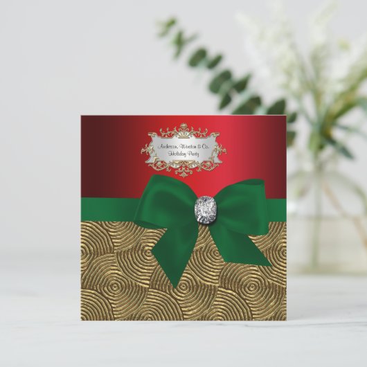 Gold Metallic Swirls, Bow Ribbon Xmas Party Kaart (Staand voorkant)