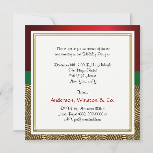 Gold Metallic Swirls, Bow Ribbon Xmas Party Kaart (Achterkant)