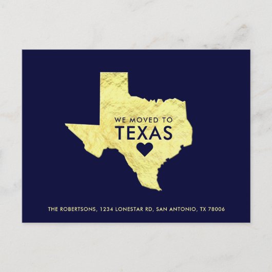 Gold Metallic Texas Map Navy Blue Nieuw Adres Aankondigingskaart (Voorkant)
