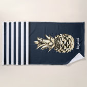 Gold MetallicPineapple Nautical Navy Blue Striped Strandlaken (Voorkant)