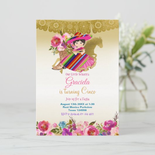 Gold Mexican Flowers Fiesta Birthday Girl Kaart (Staand voorkant)