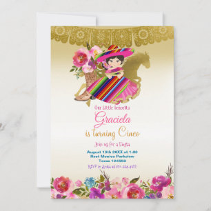 Gold Mexican Flowers Fiesta Birthday Girl Kaart