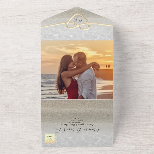 Gold Minimal Modern Beach Wedding All In One Uitnodiging (Buitenkant)