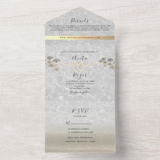 Gold Minimal Modern Beach Wedding All In One Uitnodiging (Binnen)