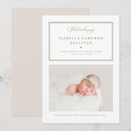 Gold Minimalist Borders Script Photo Baby Birth Aankondiging (Voorkant / Achterkant)
