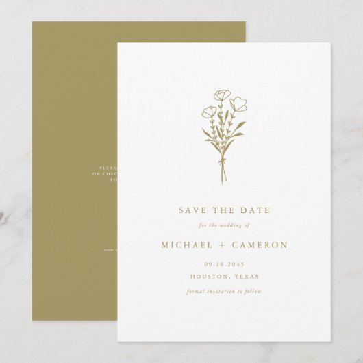 Gold Minimalist Botanical Bouquet QR-code Save The Date (Voorkant / Achterkant)
