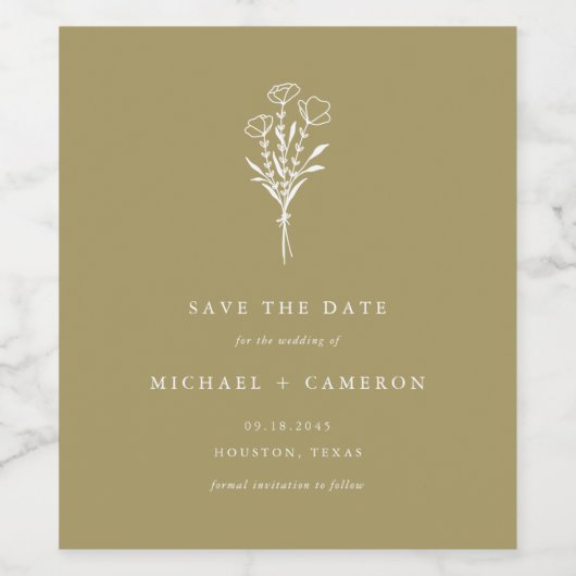Gold Minimalist Botanical Save the Date Wijn Etiket (Enkel label)