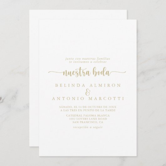 Gold Minimalist Calligraphy Nuestra Boda Wedding Kaart (Voorkant / Achterkant)