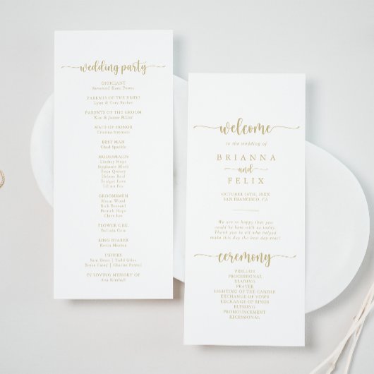 Gold Minimalist Calligraphy Wedding Program Programmakaart