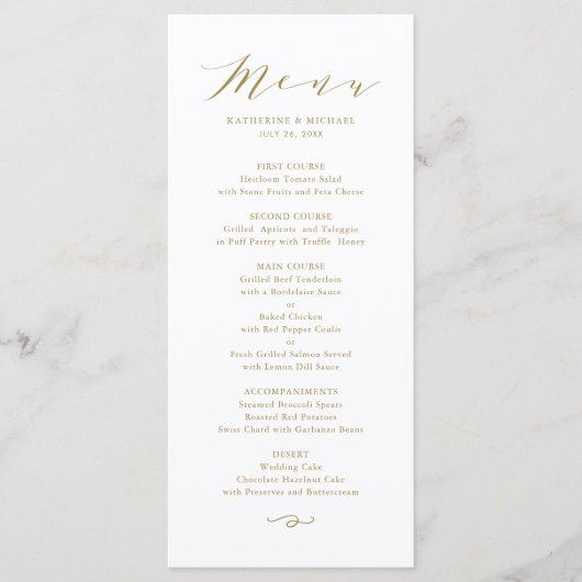 Gold Minimalist Dainty Script Weddenschap Menu (Voorkant)