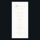 Gold Minimalist Dainty Script Wedding Menu Card<br><div class="desc">Gold-minimalistische menukaart met gegevensscript | Elegante en stijlvolle menukaart met whimsical script,  klassieke typografie met strepenpatroon. Personaliseer u door uw eigen gegevens toe te voegen. Deze menukaart zal perfect zijn voor bruiloften,  afstuderen,  pensioengerechtigden en nog veel meer. Overeenkomende items en andere kleuren zijn beschikbaar.</div>
