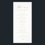 Gold Minimalist Dainty Script Wedding Menu Card<br><div class="desc">Gold-minimalistische menukaart met gegevensscript | Elegante en stijlvolle menukaart met whimsical script,  klassieke typografie met strepenpatroon. Personaliseer u door uw eigen gegevens toe te voegen. Deze menukaart zal perfect zijn voor bruiloften,  afstuderen,  pensioengerechtigden en nog veel meer. Overeenkomende items en andere kleuren zijn beschikbaar.</div>