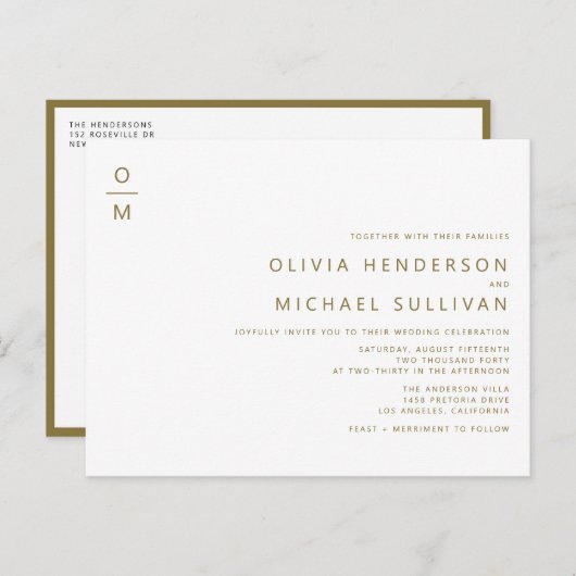 Gold Minimalist Monogram QR Code Wedding Uitnodiging Briefkaart (Voorkant / Achterkant)