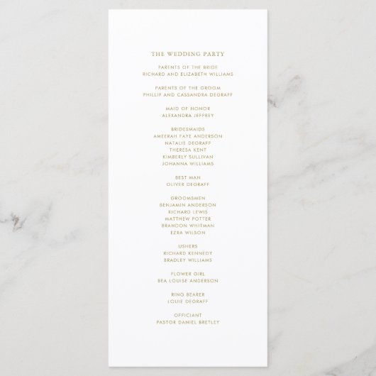 Gold Minimalist Script Order of Ceremony Wedding Programmakaart (Achterkant)