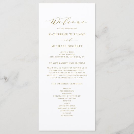 Gold Minimalist Script Order of Ceremony Wedding Programmakaart (Voorkant)