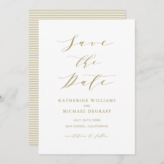 Gold Minimalist Script Save the Date Notice Kaart (Voorkant / Achterkant)