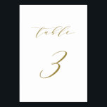 Gold Minimalist Script Wedding Table 3 Kaart<br><div class="desc">Tabel 3. Voltooi uw tabelkapje met deze elegante en eenvoudige tabelnummerkaart. Het kenmerkt goud minimalistisch manuscript met witte achtergrond. Dit aantal van de manuscriptlijst is perfect voor bruiloften,  afstuderen,  baby showers,  vrijgezellenfeesten en andere gebeurtenissen. Er zijn andere nummers en kleuren beschikbaar.</div>