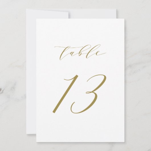 Gold Minimalist Script Wedding Table Number 13 Kaart (Achterkant)