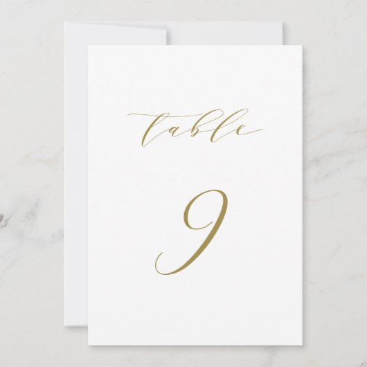 Gold Minimalist Script Wedding Table Number 9 Kaart (Voorkant)