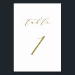 Gold Minimalist Script Weduwtabel 1 Kaart<br><div class="desc">Tabel 1. Voltooi uw tabelkapje met deze elegante en eenvoudige tabelnummerkaart. Het kenmerkt goud minimalistisch manuscript met witte achtergrond. Dit aantal van de manuscriptlijst is perfect voor bruiloften,  afstuderen,  baby showers,  vrijgezellenfeesten en andere gebeurtenissen. Er zijn andere nummers en kleuren beschikbaar.</div>