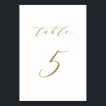 Gold Minimalist Script Weduwtabel 5 Kaart<br><div class="desc">Tabel 5. Voltooi uw tabelkapje met deze elegante en eenvoudige tabelnummerkaart. Het kenmerkt goud minimalistisch manuscript met witte achtergrond. Dit aantal van de manuscriptlijst is perfect voor bruiloften,  afstuderen,  baby showers,  vrijgezellenfeesten en andere gebeurtenissen. Er zijn andere nummers en kleuren beschikbaar.</div>