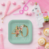 Gold Mint 40th Birthday Floral Chic Custom Papieren Bordje (Feest)