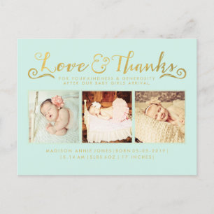 Gold Mint Baby Bedankt Sip & See Briefkaart