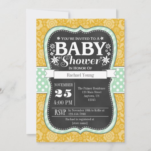 Gold Mint Chalkboard Floral Baby shower Invite Kaart (Voorkant)