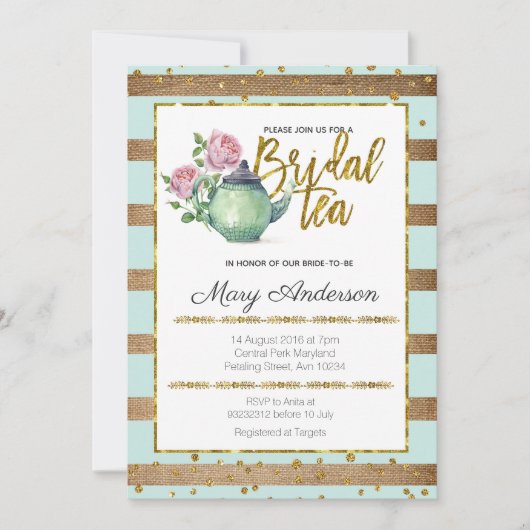 Gold Mint Elegant Bridal Tea Party Invitation Kaart (Voorkant)