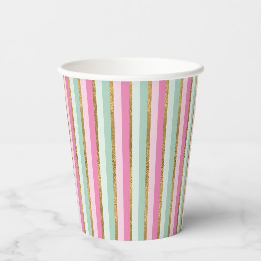 Gold Mint en roze stripes, papierbekertjes Papieren Bekers (Achterkant)