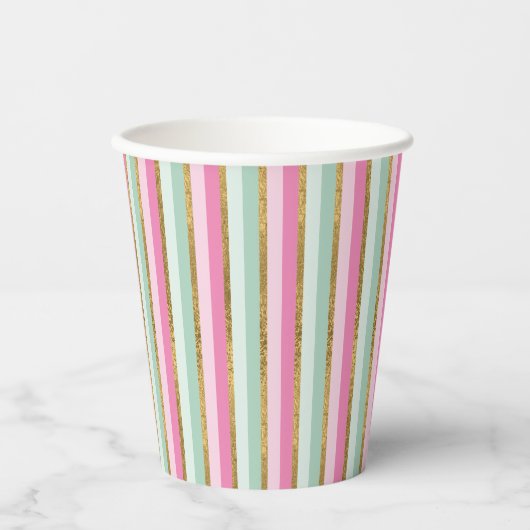 Gold Mint en roze stripes, papierbekertjes Papieren Bekers (Voorkant)