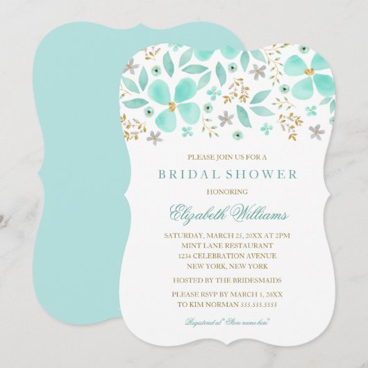 Gold Mint Floral Leaf Bruids Douche Uitnodiging (Voorkant / Achterkant)