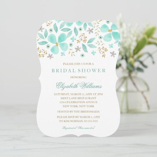 Gold Mint Floral Leaf Bruids Douche Uitnodiging (Staand voorkant)