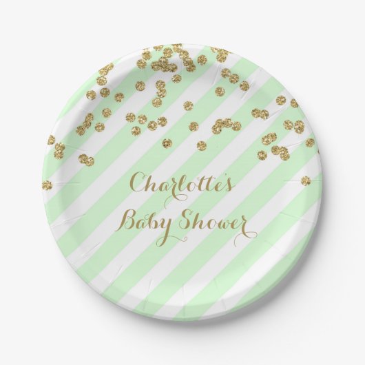 Gold Mint Green Confetti Stripes Baby shower Bord (Voorkant)