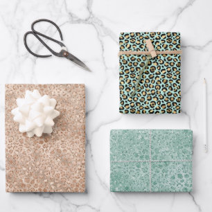 Gold Mint Green Glam Leopard Print Inpakpapier Vel
