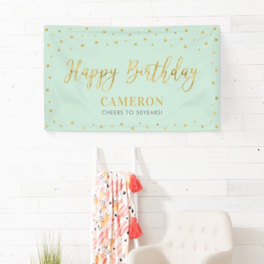 Gold & Mint Happy Birthday Party-banner Spandoek (Insitu)