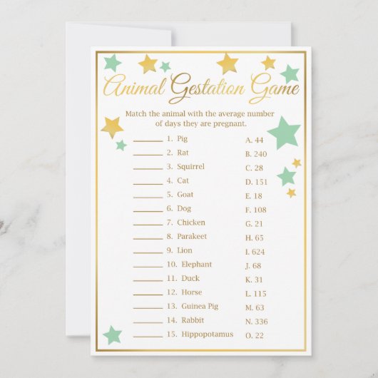 Gold Mint Star Baby shower Game Animal Gure Kaart (Voorkant)