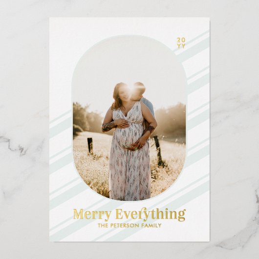 Gold & Mint Stripes Merry-kerstfotografie Folie Uitnodiging (Voorkant)