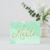 Gold Mint Waterverf Hallo Glam Briefkaart (Staand voorkant)
