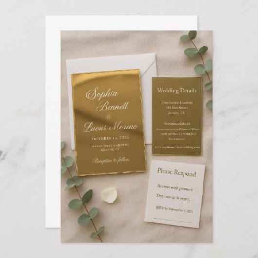 Gold Mirror Acryl bruiloft uitnodiging set | Elega (Voorkant / Achterkant)
