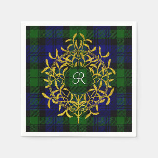 Gold Mistletoe Blackwatch Plaid Monogram Servet