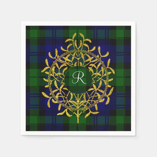 Gold Mistletoe Blackwatch Plaid Monogram Servet (Voorkant)