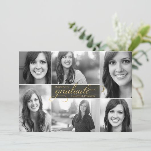 Gold Modern 6 Photo Script-Afstuderen Uitnodigen Kaart (Staand voorkant)