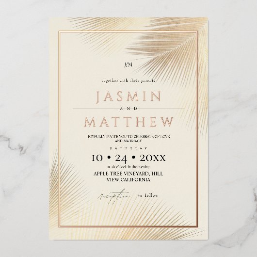 Gold Modern Beach Coastal Palm Wedding  Folie Uitnodiging (Voorkant)
