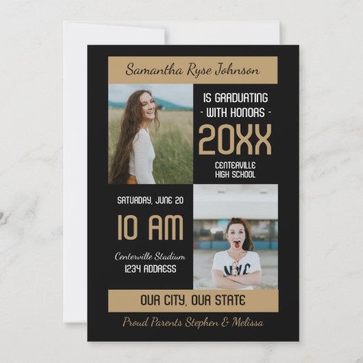 Gold Modern Block 3-Photo Afstuderen Kaart (Achterkant)