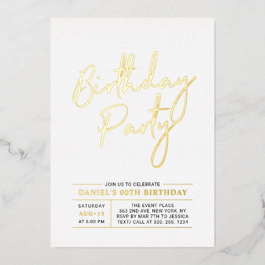 Gold Modern Brush Script Adult Birthday Party Folie Uitnodiging (Voorkant)