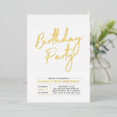 Gold Modern Brush Script Adult Birthday Party Folie Uitnodiging (Staand Voorkant)