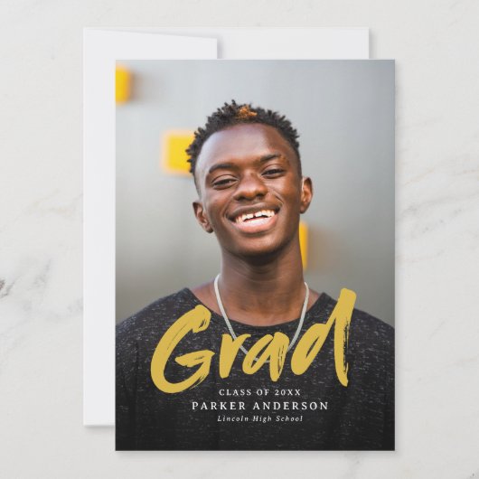 Gold Modern Brush Script Foto Afstuderen Kaart (Voorkant)